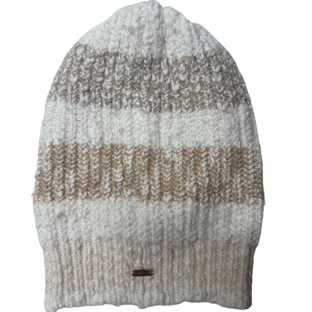 Free People Cozy In Stripes Women Cream Tan Ribbed Knit Slouchy Beanie Hat.